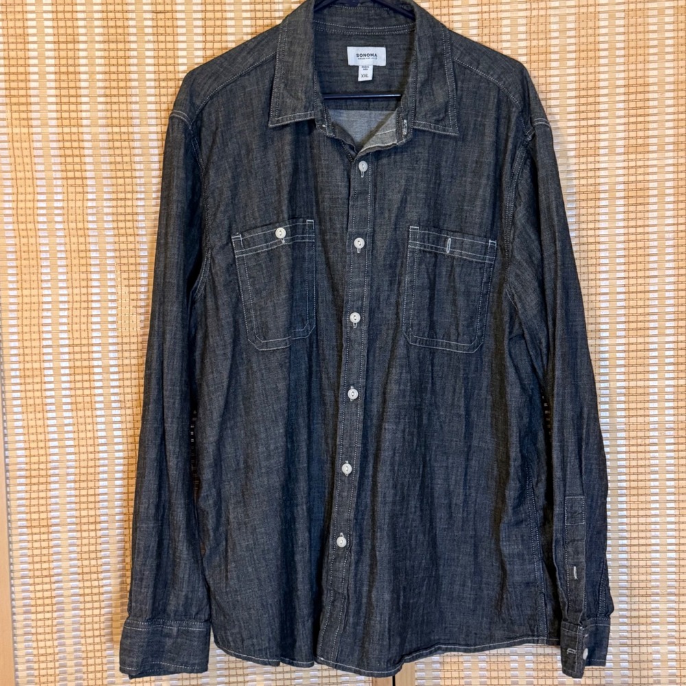 Sonoma Goods For Life Mens XXL Dark Wash Chambray Cotton Button Down Shirt
